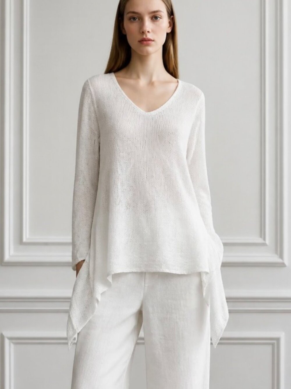 New White Linen Sweater L Asymmetric Hem V-Neck Relaxed Fit Lagenlook